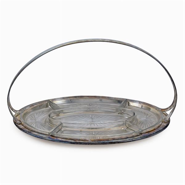Silvered metal and glass hors d'oeuvre dish