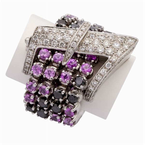 18kt white gold diamond and pink sapphire buckle ring