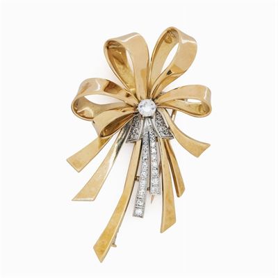 Spilla Fiocco in Oro Giallo e Bianco 18kt con Diamanti