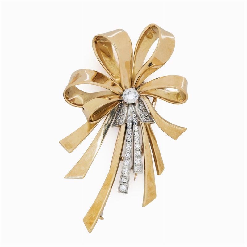 Spilla Fiocco in Oro Giallo e Bianco 18kt con Diamanti