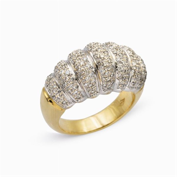 Anello bombé in oro bianco e giallo 18kt e diamanti