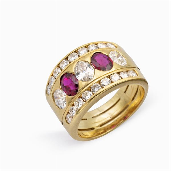 Anello a fascia in oro giallo 18kt diamanti e rubini