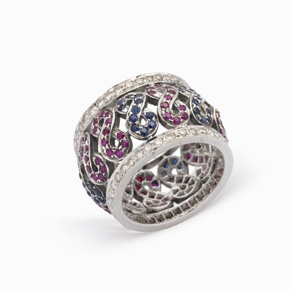 18kt white gold, diamonds, rubies and sapphires Bombé ring  - Auction Fine Jewels Watches and Fashion Vintage - Colasanti Casa d'Aste