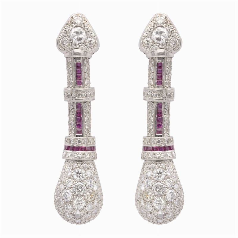 Orecchini Pendenti in Oro Bianco 18kt Diamanti e Rubini