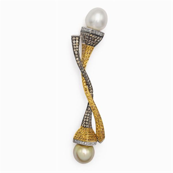 Pendente in oro giallo e nero 18kt diamanti e perle