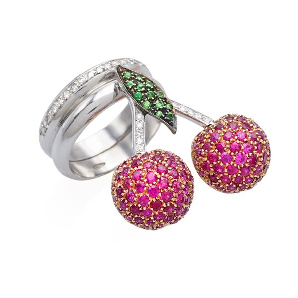 Anello ciliege in oro bianco e rosa 18kt diamanti e rubini  - Asta Gioielli Orologi e Fashion Vintage - Colasanti Casa d'Aste