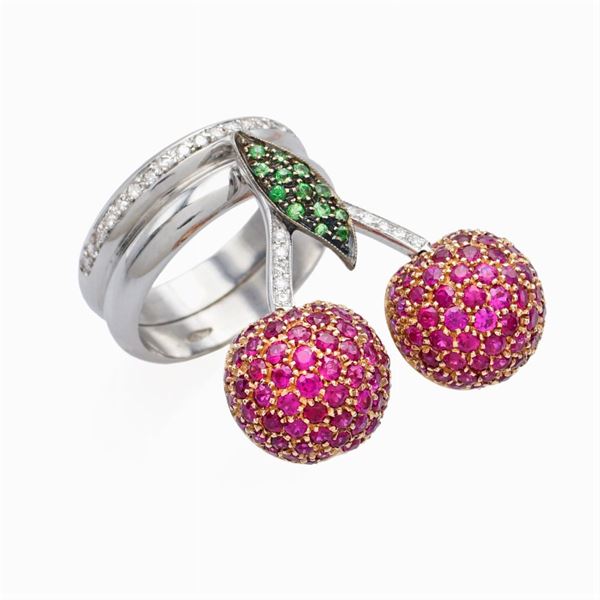 Anello ciliege in oro bianco e rosa 18kt diamanti e rubini