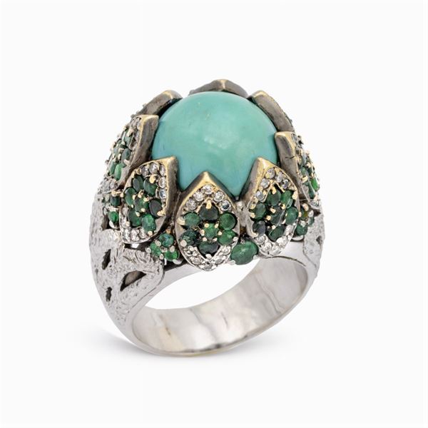 Anello cocktail in platino e turchese naturale