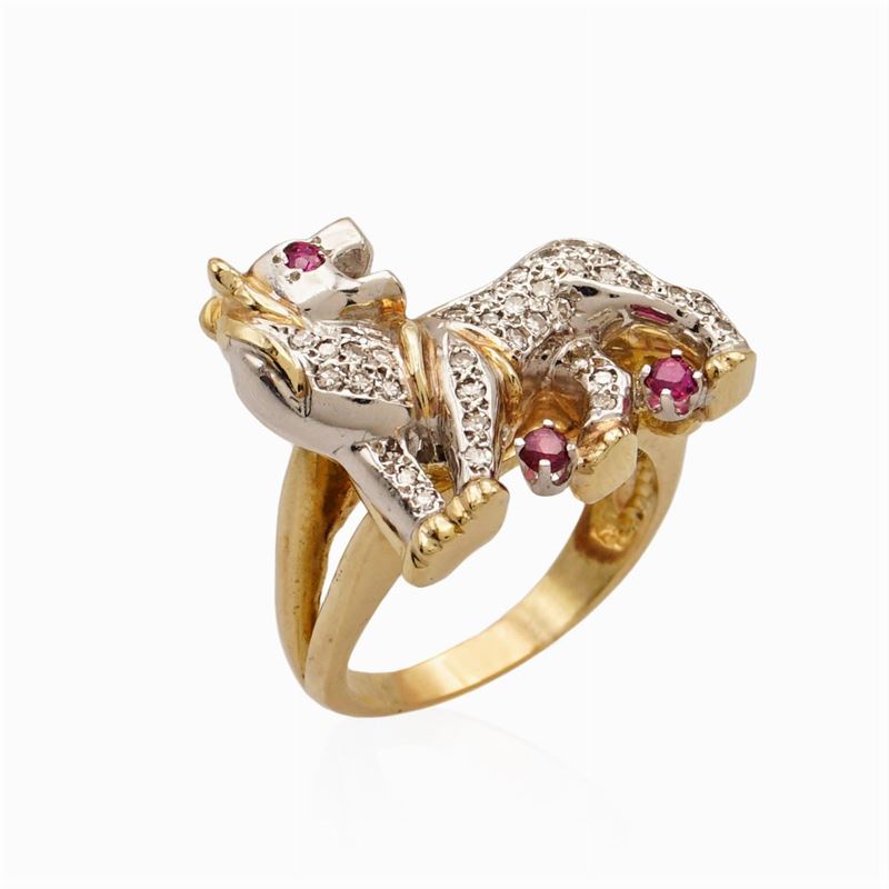 Anello Leone in Oro Bianco e Giallo 14kt e Diamanti
