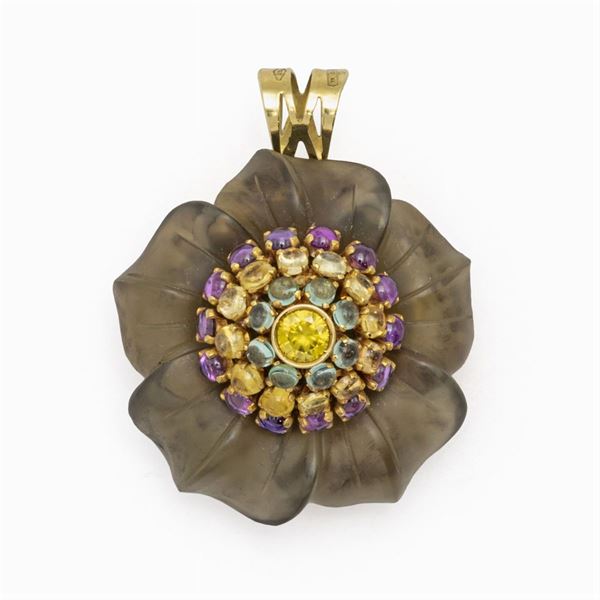 Pendente fiore in oro giallo 18kt quarzo fumé