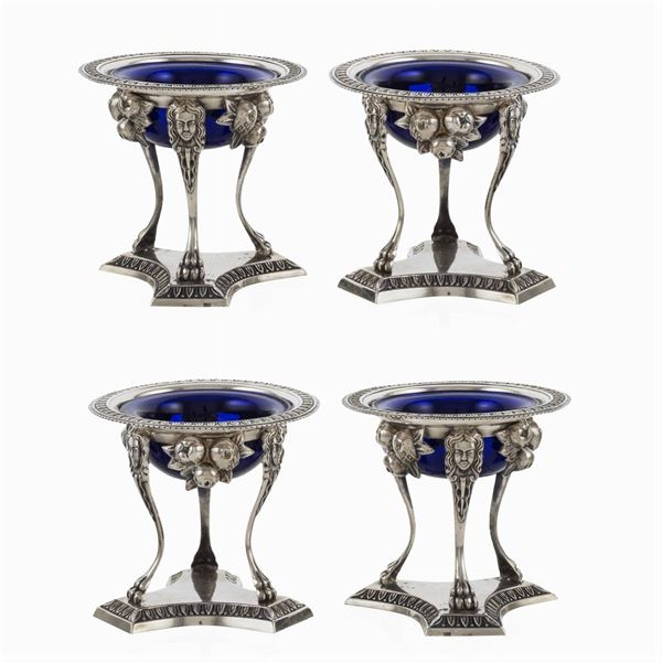 Set of silver and glass salt cellars