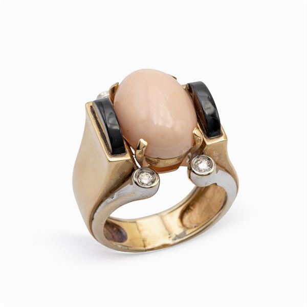 Anello in oro giallo e bianco 14kt corallo rosa