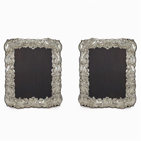 Pair of silver and wood photo frames