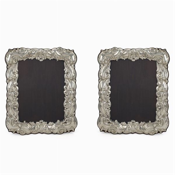 Pair of silver and wood photo frames