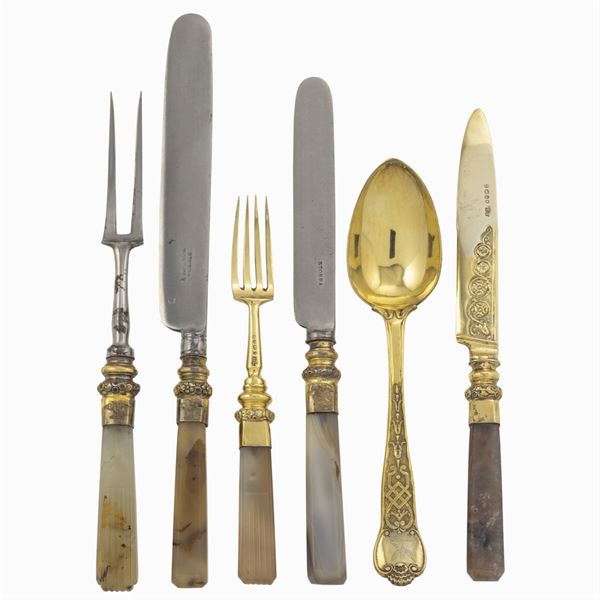 Gilded silver with hard stone handles cutlery service (50)