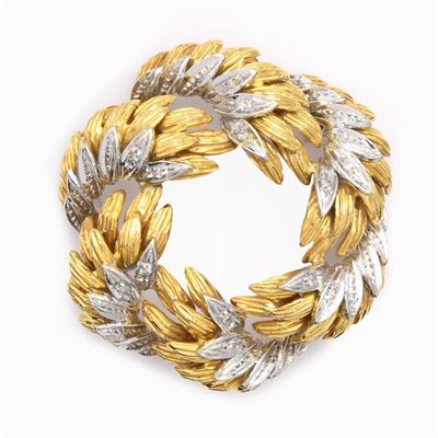 Spilla Corona in Oro Giallo e Bianco 18kt e Diamanti