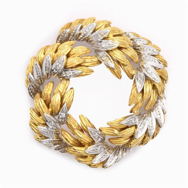 Spilla corona in oro giallo e bianco 18kt e diamanti