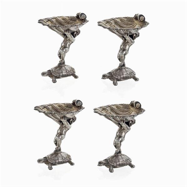 Set of four silver salt cellars