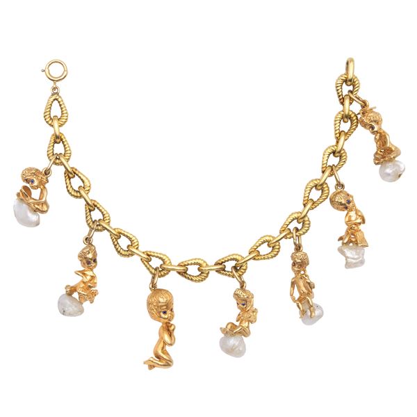 Bracciale charms in oro giallo 14kt e perle del Missisipi