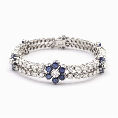 Bracciale Fiori in Oro Bianco 18kt Diamanti e Zaffiri