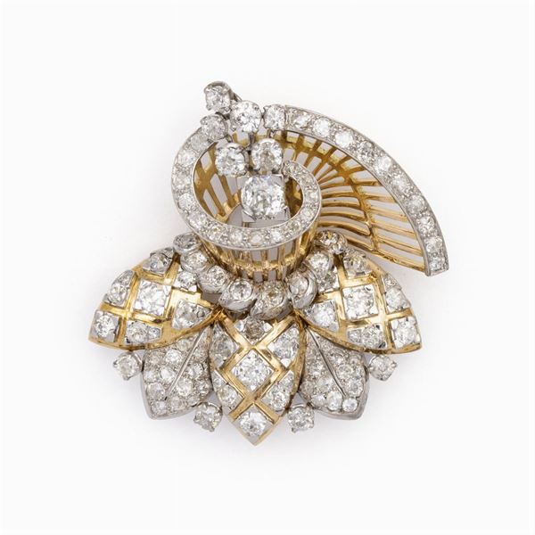 Spilla in oro giallo e bianco 18kt e diamanti