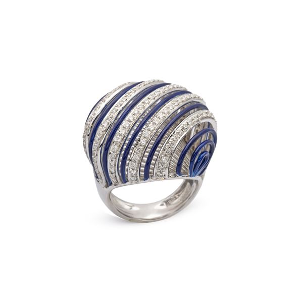 18kt white gold diamond and blue enamel cocktail ring