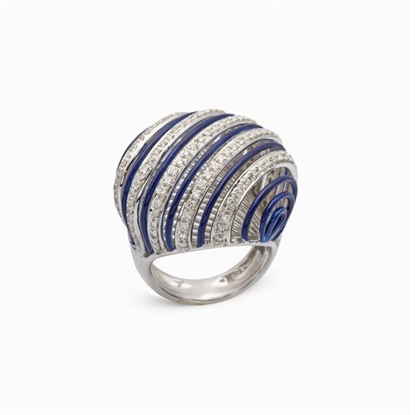 Anello cocktail in oro bianco 18kt diamanti e smalto blu