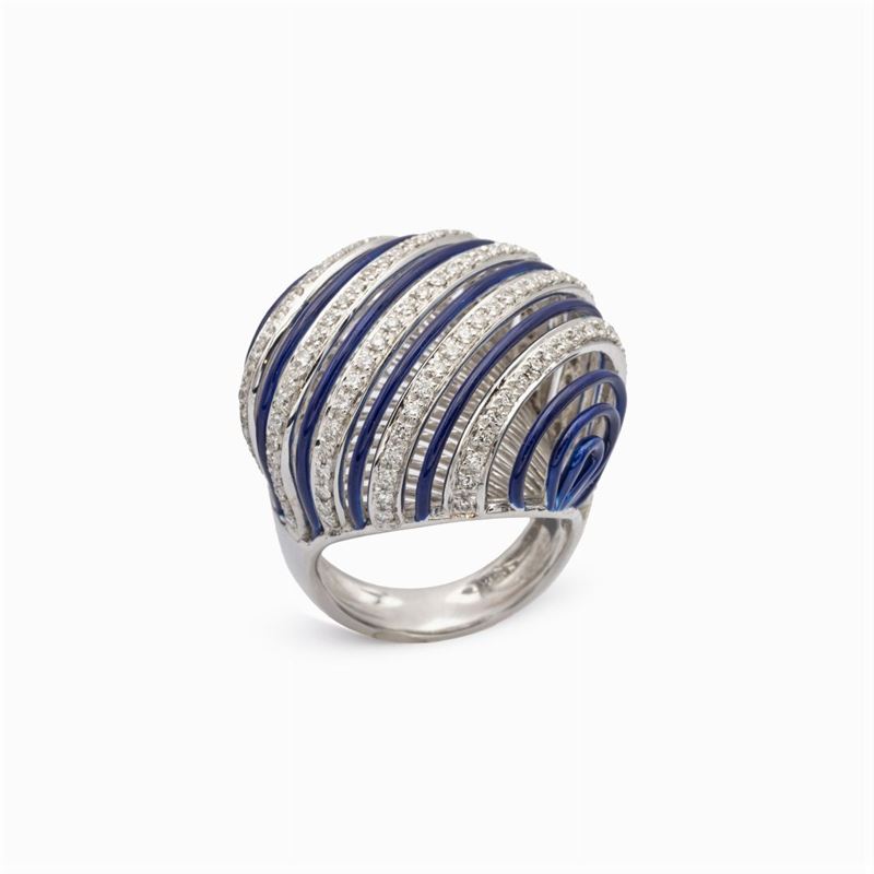 Anello Cocktail in Oro Bianco 18kt Diamanti e Smalto Blu