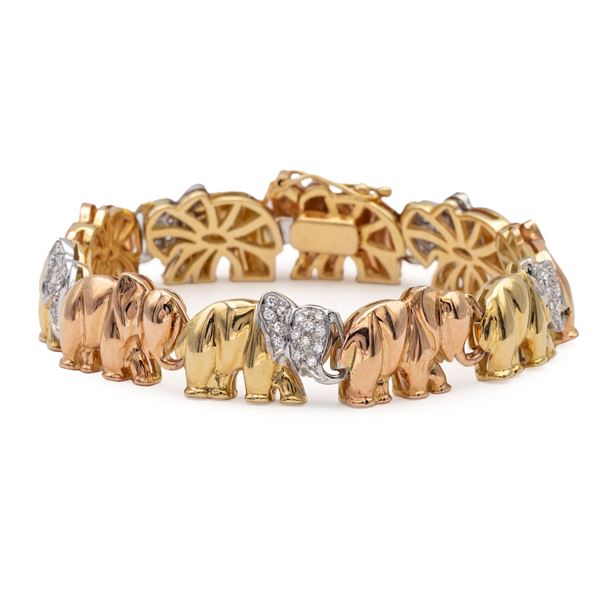 Bracciale elefanti in oro a tre colori 18kt e diamanti