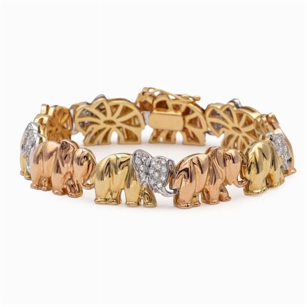 Bracciale elefanti in oro a tre colori 18kt e diamanti