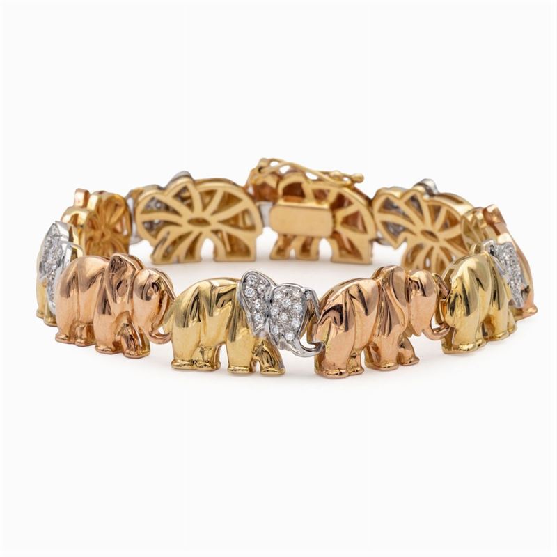 Bracciale Elefanti in Oro a Tre Colori 18kt e Diamanti