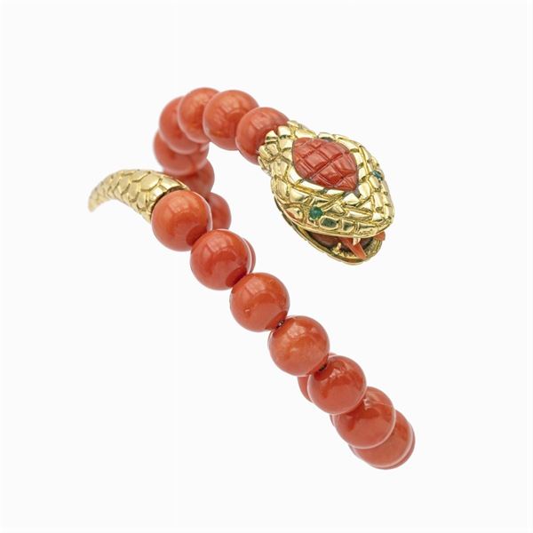 Bracciale serpente in oro giallo 18kt e corallo