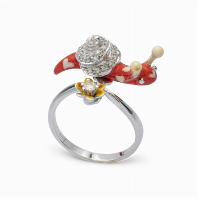 Anello Chiocciola in Oro Bianco 18kt Smalto e Diamanti