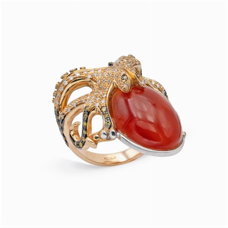Anello Piovra in Oro Rosa 18kt Corniola e Diamanti