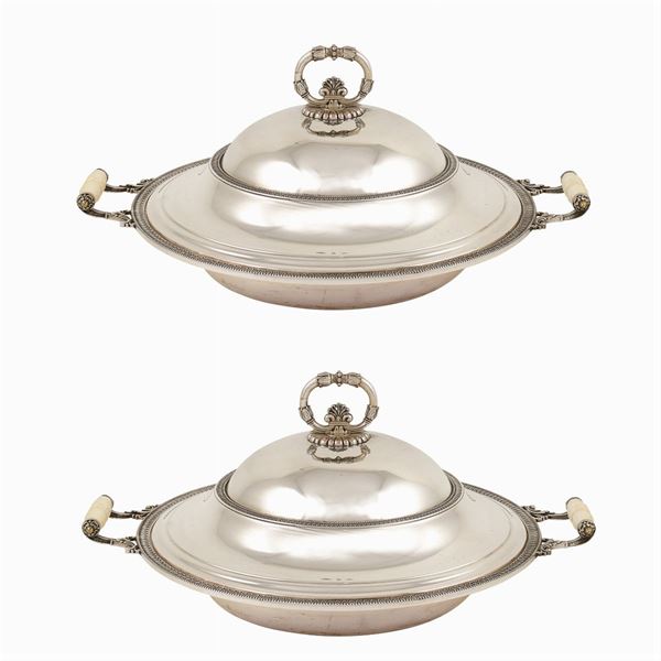 Pair of round silver vegetable dishes