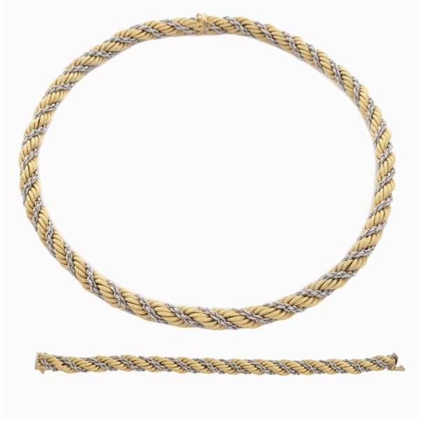 Parure maglia a torchon in oro giallo e bianco 18kt