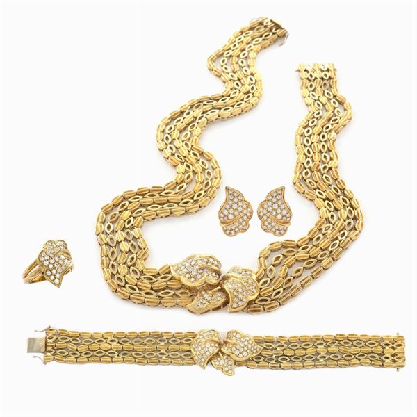 Parure foglie in oro giallo 18kt e diamanti