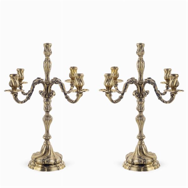 Pair of five-light Louis XV style silver candelabra