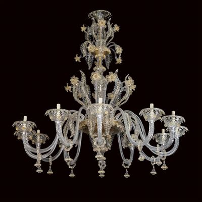Lampadario a Dodici Luci in Vetro Trasparente e Oro