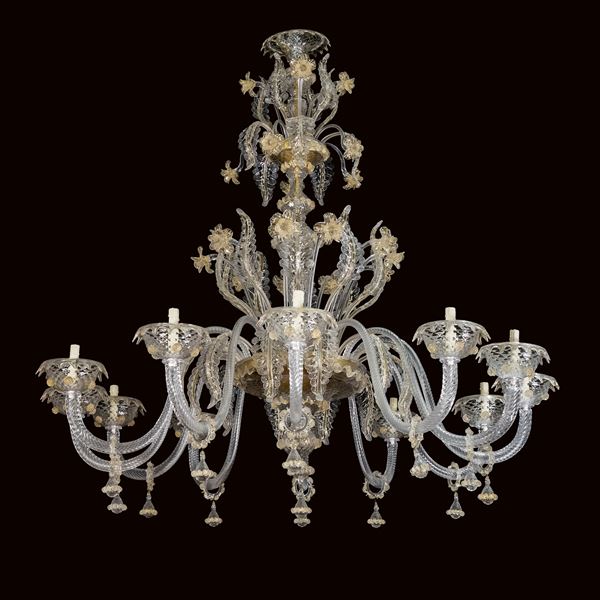 Chandelier with 12 lights in transparent and gold glass