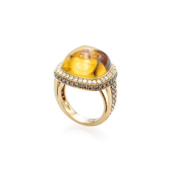 18kt yellow gold Citrine quartz and diamonds ring