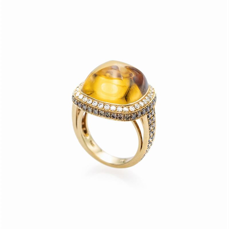 Anello in Oro Giallo 18kt Quarzo Citrino e Diamanti