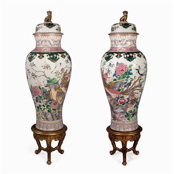 Pair of large Rose Family porcelain vases