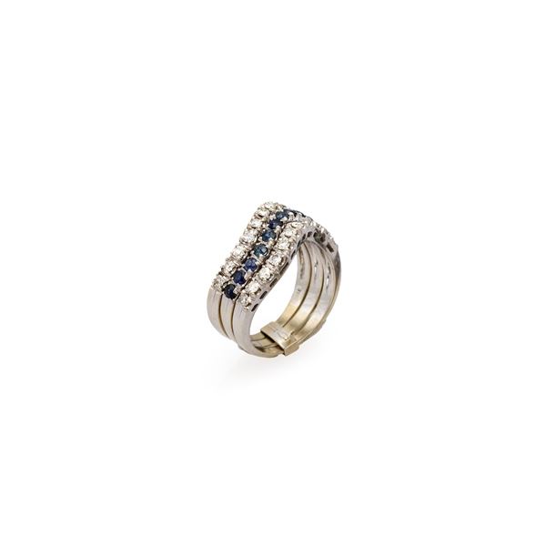 18kt white gold, diamonds and sapphires three riviere ring