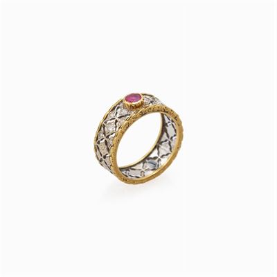 Buccellati Anello a Fascia in Oro Giallo e Bianco 18kt