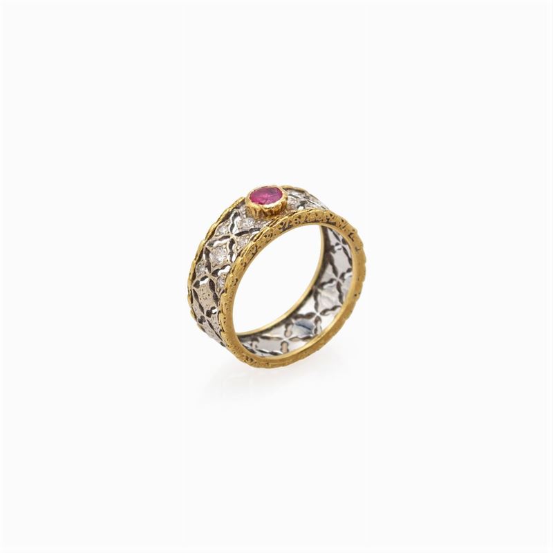 Buccellati Anello a Fascia in Oro Giallo e Bianco 18kt