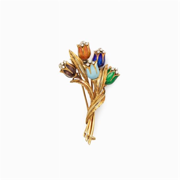 18kt yellow gold and polychrome enamel Tulip brooch