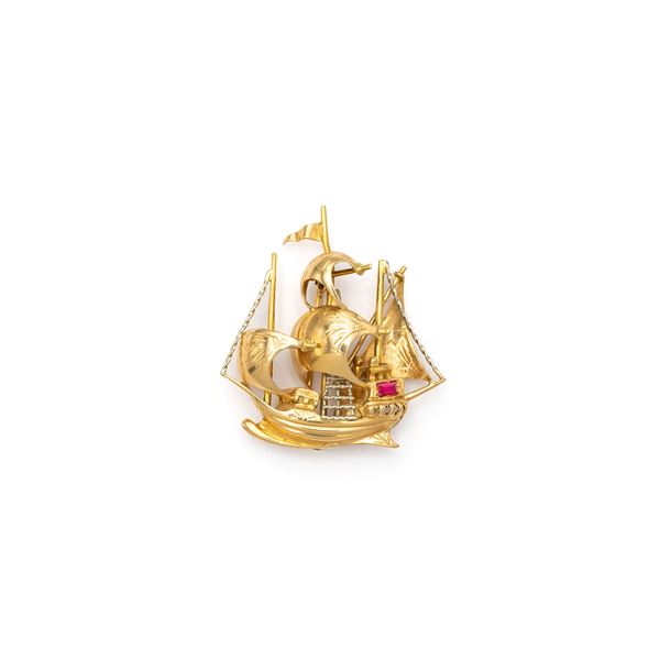 18kt yellow and white gold Sailing ship brooch