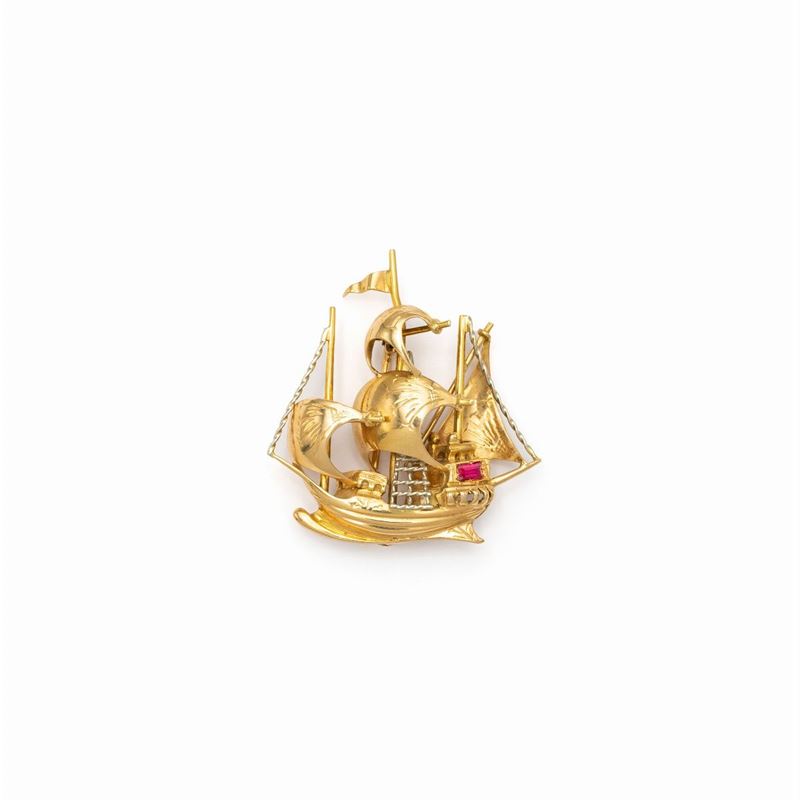 Spilla Veliero in Oro Giallo e Bianco 18kt