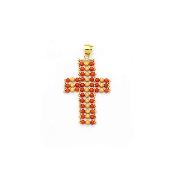 14kt yellow gold and coral cross pendant